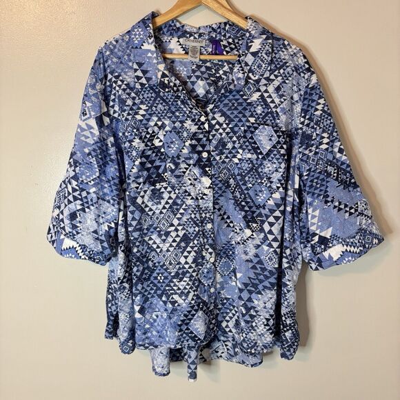 Catherines Blue Button Up Top Geometric Lace Back 3/4 Sleeve Shirt 3XW P… - Picture 1 of 7
